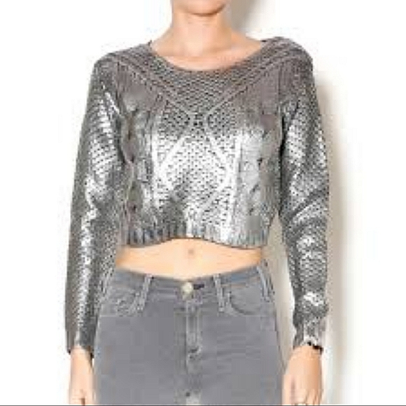 Preloved Lucy Paris Silver Foil Metallic Woven Crop Sweater Sz S